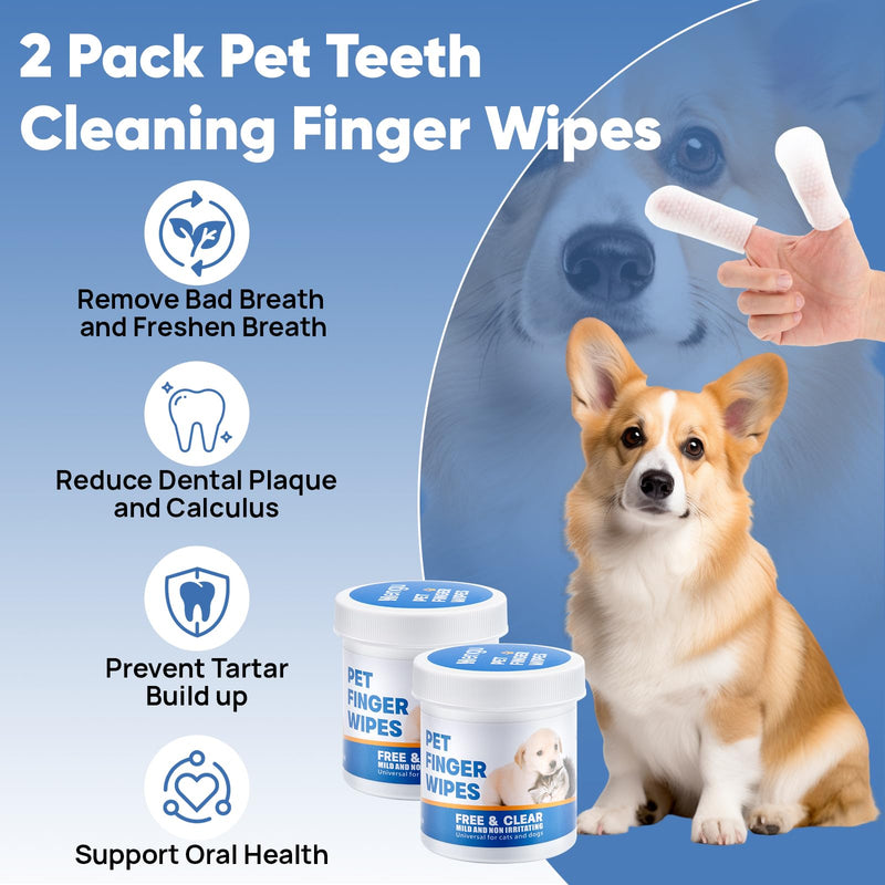 Dog Teeth Cleaning Wipes, 2 Pack Pet Dental Finger Wipes for Dogs & Cats, Convenient Remove Plaque and Tartar & Freshens Breath Dog Dental Teeth Wipes (60pcs x2) - PawsPlanet Australia