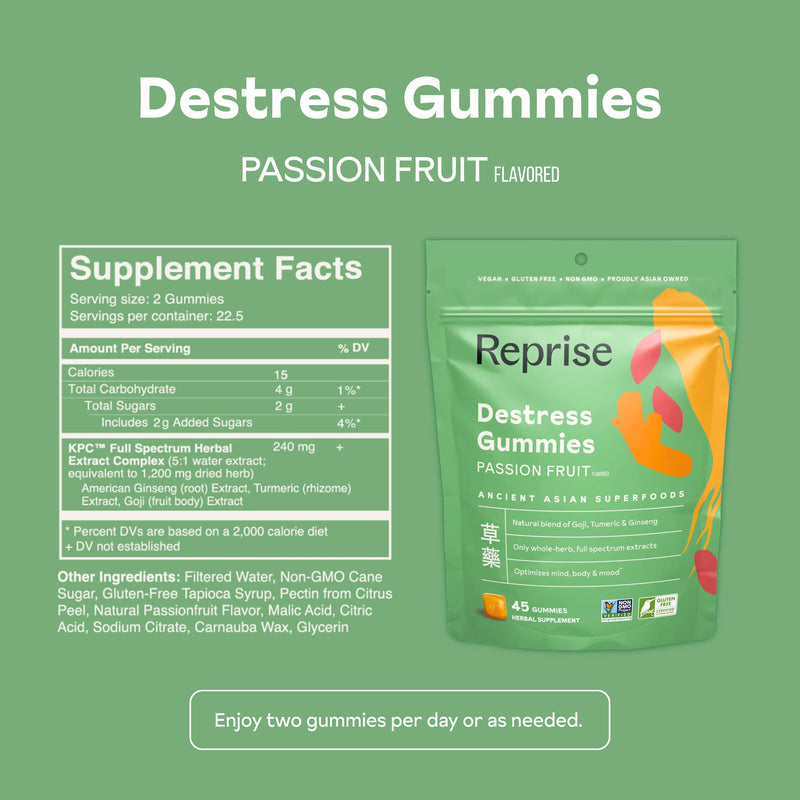 De-Stress Gummies with American Ginseng, Turmeric, and Goji - Assist with Stress Relief & Mood Boost, All-Natural Relaxation, Low-Sugar, 45 Vegan Gummies, Passion Fruit (Pack of 1) Herbal DeStress Blend 45 Count (Pack of 1)