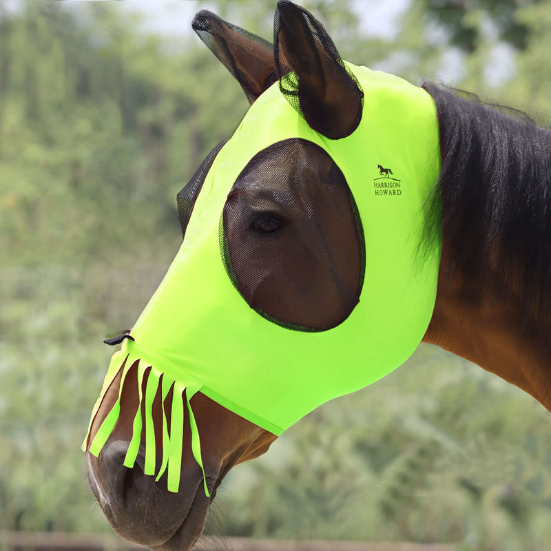 Harrison Howard Superior Comfort Breathable Fly Masks Soft on Skin with Tassels Natural Nose Swatter Full Size (Large) Tassel Fringe-Fluro-Lime - BeesActive Australia