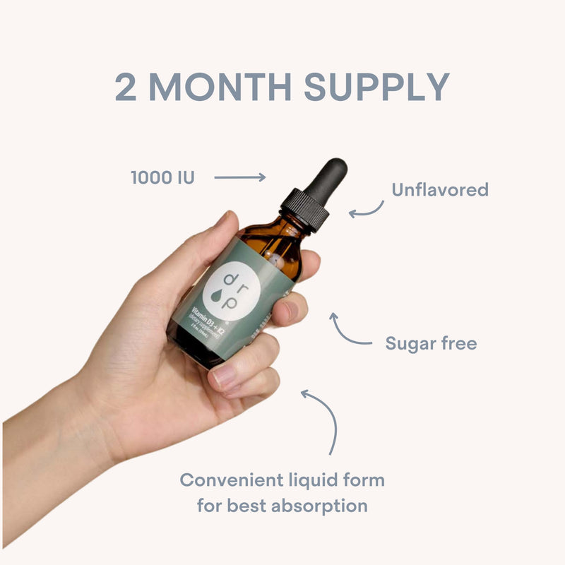 Drop Vitamin D3 + K2 Liquid Drops, 1000 IU Vegan D3 from Lichen, 45 mcg K2 (MK-4 and MK-7), with Organic MCT Coconut Oil, Bone and Immune Support, Non-GMO and Vegan, 59 Servings, 2 fl oz