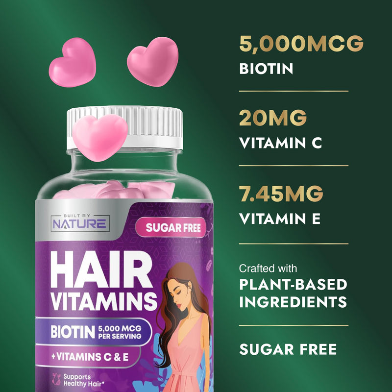 Built by Nature Hair Skin and Nails Gummies for Women, 60 Count | Biotin for Hair Growth, Hair, Skin & Nail Support, Vitamin Supplement