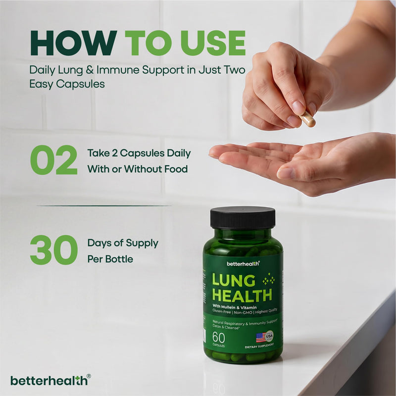 Lung Health Daily Respiratory Health Supplement with Mullein Leaf, Vitamin D, Vitamin C, Quercetin, | Allergy, Sinus, and Mucus Relief, Lung Cleanse Detox Formula (60 Capsules)