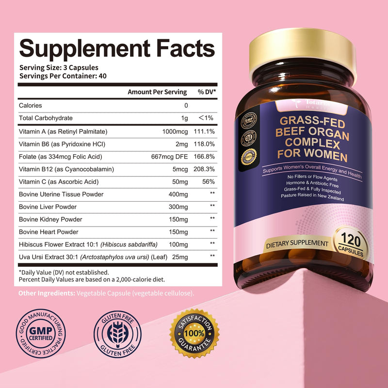 Totaria 2 Pack Beef Organ Supplement for Women - Beef Liver, Kidney, Heart,Uterus Tissue - Balance Hormones & Women's Overall Energy - Grass Fed, Pasture Raised - Natural Iron Supplement with Folate 120 Count (Pack of 2)