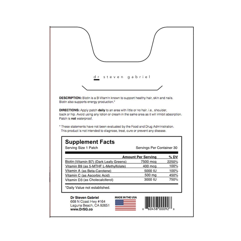 Biotin Patch - Supports Hair Growth & Cellular Energy Production, Beautiful Hair Skin Nails, 30 Day Supply
