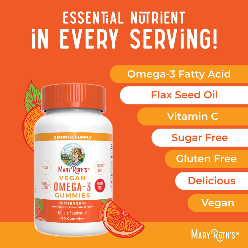 MARYRUTH'S Vegan Omega 3 Gummies for Adults, 60 Count, 2 Month Supply | Sugar Free Supplement with Vitamin C, Flaxseed Oil Immune Support, Overall Wellness, No Fish Taste