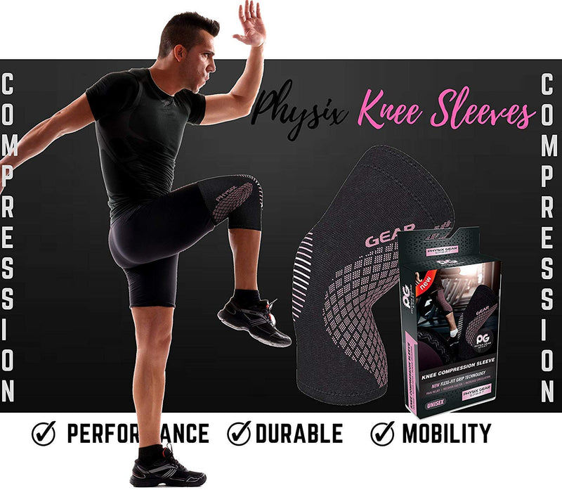 Physix Gear Knee Compression Sleeve for Men & Women - Best Compression Knee Brace for Walking, Running, Gym, Basketball, Weightlifting,Workout, Sports - Knee sleeves Support Compression & Stability M Black/Pink - BeesActive Australia