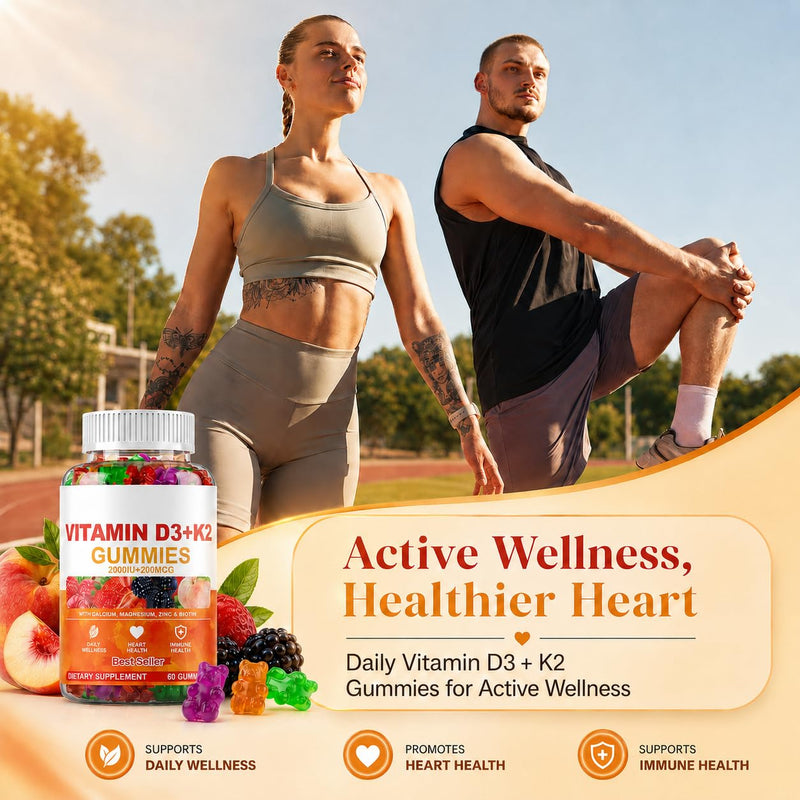 Vitamin D3 + K2 Gummies 2000 IU with Calcium, Magnesium & Zinc, Mixed Fruit | Vegan, Non-GMO, Gelatin-Free and Sugar-Free With Vitamin C, Boron and Mk-7 For Immune Function and Everyday Wellness Support.