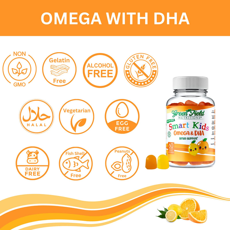 Greenfield Nutritions Smart Kids Halal Omega 3 Gummies with DHA - 60 Halal Vitamins for Kids, Supports Brain & Immune Health - Vegan, Non-GMO, Gluten, Gelatin-Free and Peanut-Free Halal Gummy Vitamins