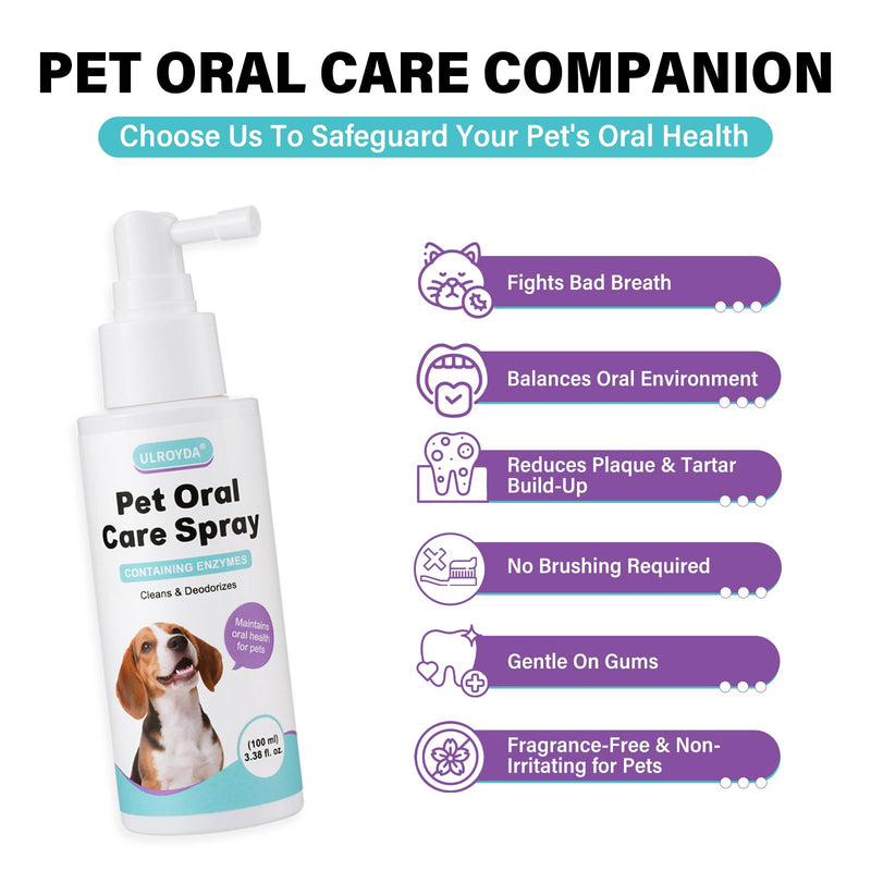 Pet Dental Spray for Dogs & Cats - Fragrance-Free Triple Enzyme & Probiotics Oral Care Mist, Dog Teeth Cleaning, Bad Breath & Tartar Plaque Support, Dental Water Additive for Pet Supplies, 3.38 oz