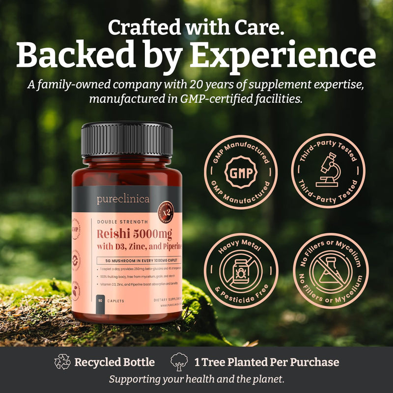 pureclinica Reishi Mushroom Extract 1000mg (5:1) per Tablet – 180 Caplets (2 x 90, 6-Month Supply) – with Vitamin D3 (25µg), Zinc (15mg) & Piperine (5mg – Fruiting Body Ganoderma lucidum) 90 Count (Pack of 2)