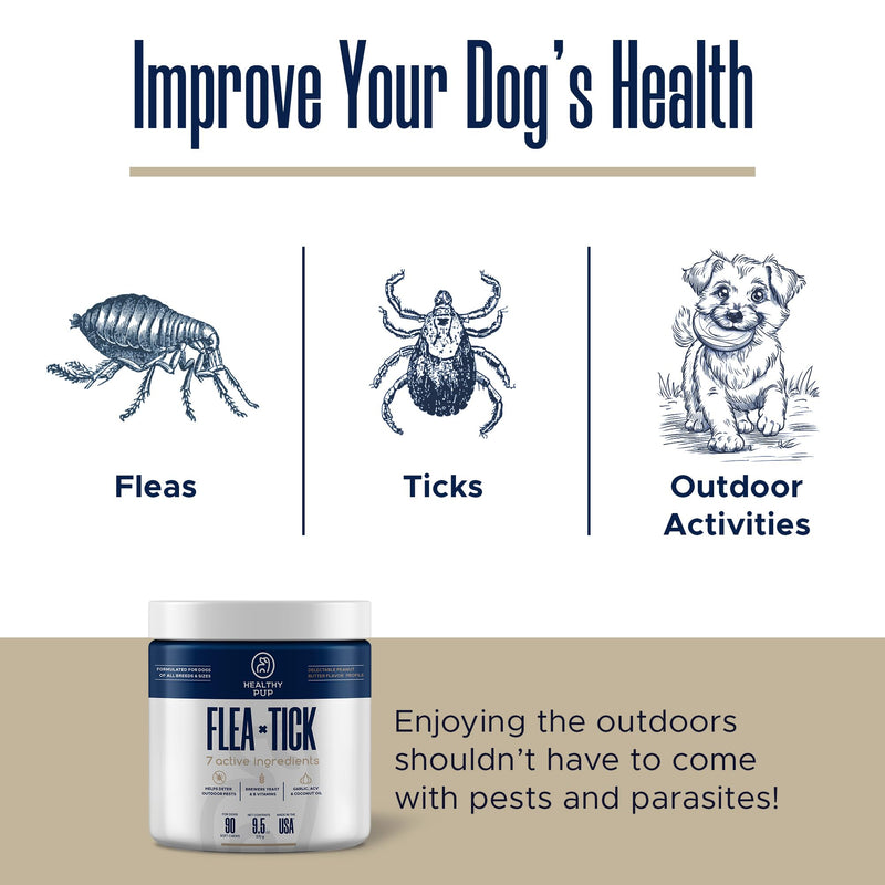 Flea and Tick Prevention for Dogs, Chewable – 90 Peanut Butter Flavored Soft Chews – Made with B Vitamins, Garlic Powder, Brewers Yeast, Coconut Oil, and Apple Cider Vinegar
