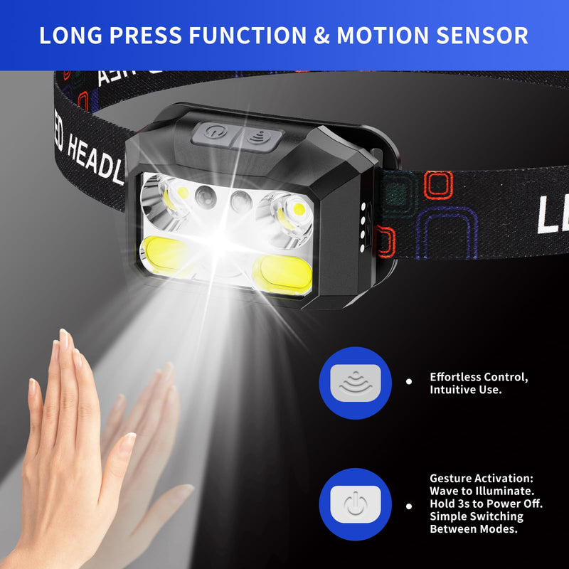 Rechargeable LED Headlamp 3-Pack, 800 Lumens, USB-C, IPX4 Waterproof, 8 Modes, Red & White Light — Lightweight, Adjustable; for Camping, Hiking, Running, Fishing & Repairs Black
