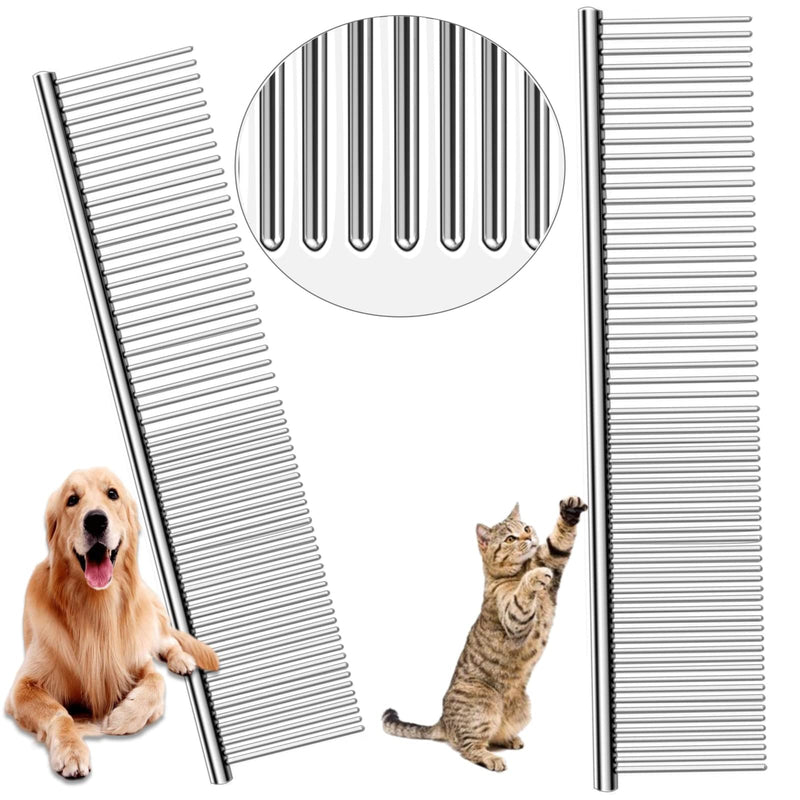 Metal Comb for Dogs, Metal Dog Combs, 2 Pack Cat Comb with Rounded Ends Stainless Steel Teeth, Professional Grooming Tool for Long and Short Matted Haired, Njiszhi 7.48IN*1.57IN - BeesActive Australia