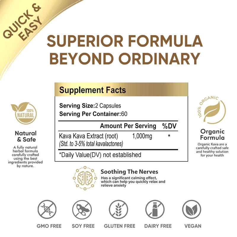 Kava Kava Capsules, High Concentration Kava Root Extract Supplement for Relaxation and Immune Support, Vegan & Non-GMO, 120 Capsules 1 Count (Pack of 1)