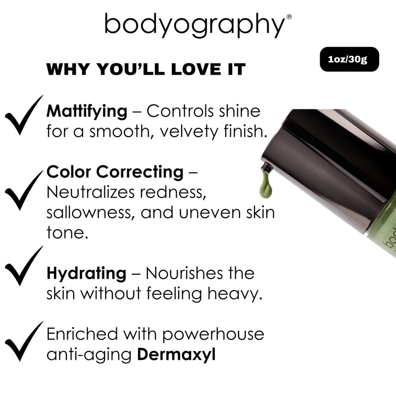 BODYOGRAPHY Foundation Primer (Green) | Flawless Anti-Aging Makeup Base with Vitamin E, A, Jojoba & Grapeseed Oil | Shine Control, Smooth Finish | Salon-Quality, Gluten-Free, Cruelty-Free | 1 oz Green