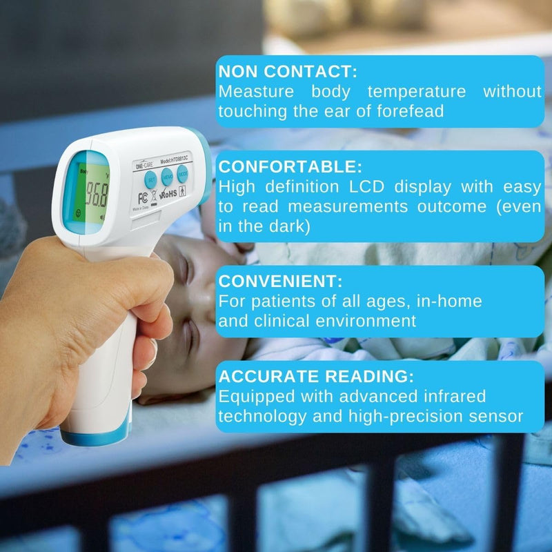 ONE-CARE Digital Infrared Thermometer HTD8813C - Non-Contact, Homedics Thermometer, High Accuracy, Fast Reading, Body & Room Temp, Newborn Baby to Adult, Fever Alarm, Large Display Pro