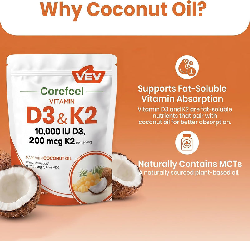 VEV Corefeel Vitamin D3 K2 10,000 IU, 200 mcg MK-7, 300 Coconut Oil Softgels 300 Count (Pack of 1)