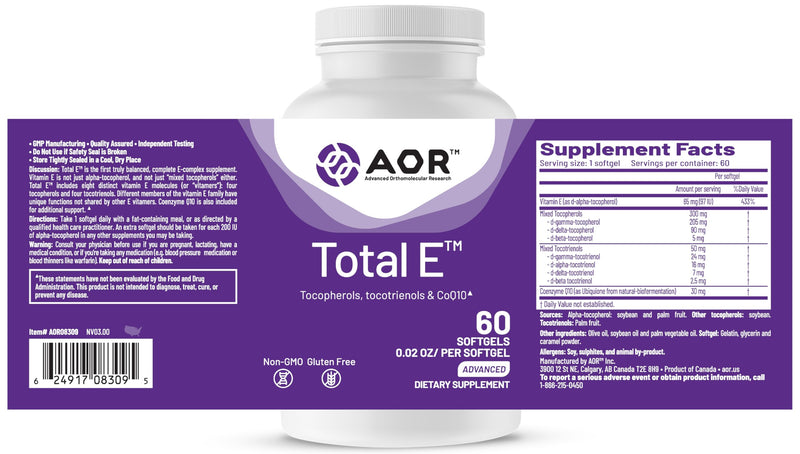 AOR Total E Full Spectrum Natural Vitamin E with CoQ10, 60 Softgels, 60-Day | Full Spectrum 8 Vitamers, 30mg CoQ10, Natural D-Alpha Tocopherol, Mixed Tocopherols & Tocotrienols, Non-GMO & Gluten-Free