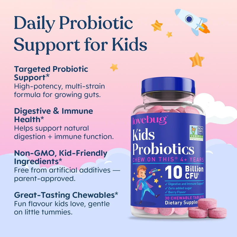 LOVEBUG Probiotics for Kids – Probiotic Chewables with Prebiotic Fiber for Age 4+,Daily Children's Gut Health & Digestive Support Supplement, Sugar-Free Berry Flavor, 30 Count 30 Count (Pack of 1)