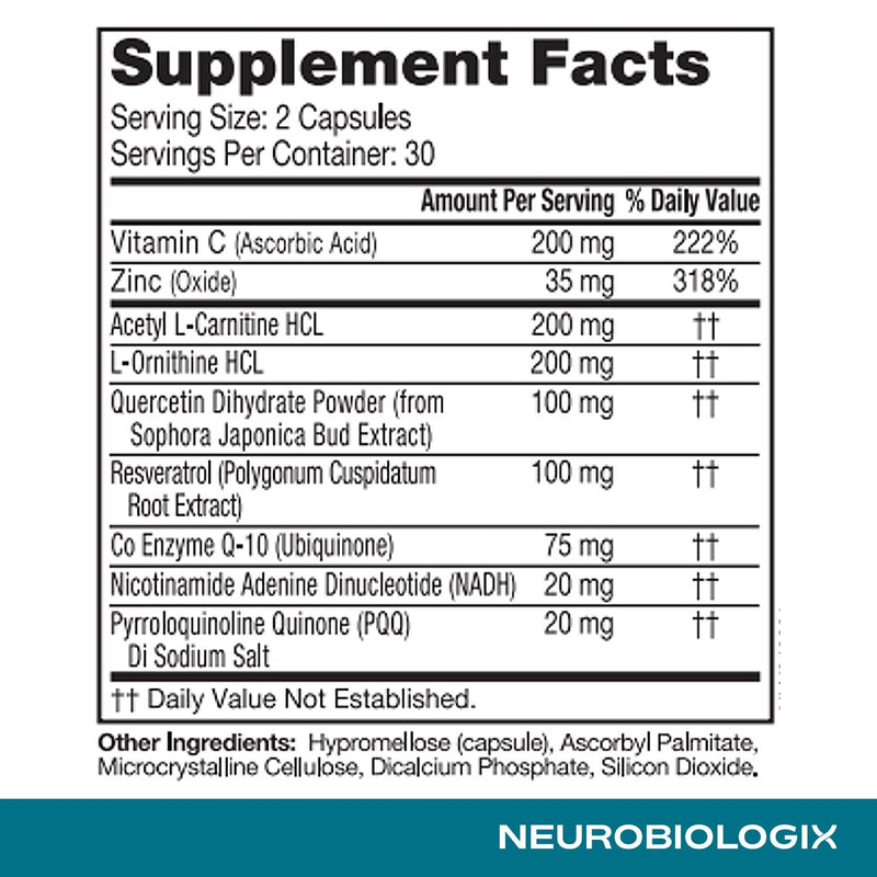 Neurobiologix Mito Cell PQQ Energy & Focus, CoQ10 & NADH, 60 Capsules | Vitamin C, Acetyl L-Carnitine & Antioxidants, Mitochondrial Support