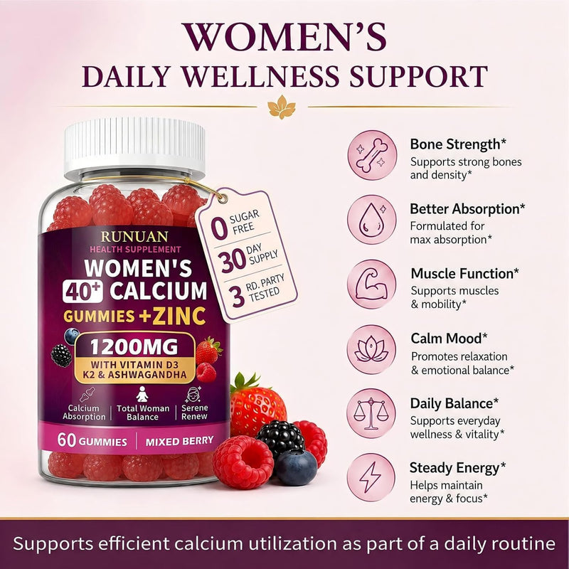 3PACK 1200mg Calcium Gummies for Women 40+ with Magnesium Zinc D3 K2 B12 B6 | Calcium Citrate Chews Gummy with High Absorption For Bone, Teeth, Muscle, Energy Immune Support, Vegan, Sugar Free, 180 Count 60 Count (Pack of 3)