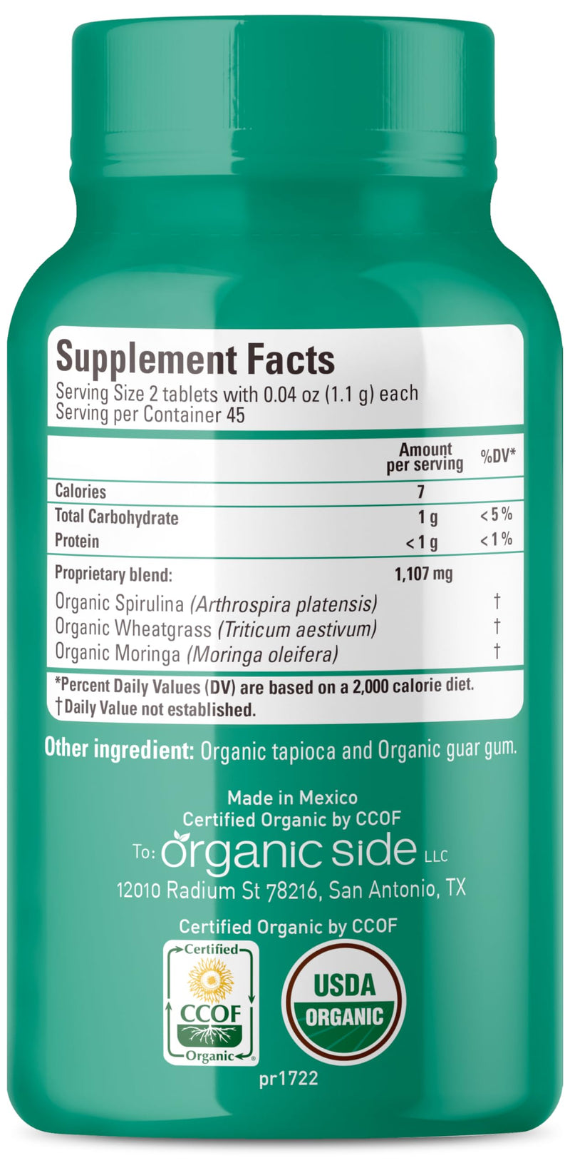 Organic Greens (Spirulina, Wheatgrass & Moringa) 90 Tablets - Rich in Vitamins and Minerals - Super Greens 1100 mg - Certified USDA - Non GMO - Vegan