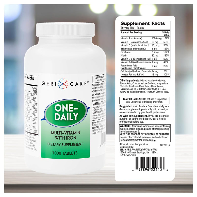 GeriCare One-Daily Multi-Vitamin with Iron, Complete Daily Nutritional Supplement with Essential Minerals for Energy, Immunity, Bone & Overall Wellness, 1000 Count (Pack of 1) 1000 Count (Pack of 1)