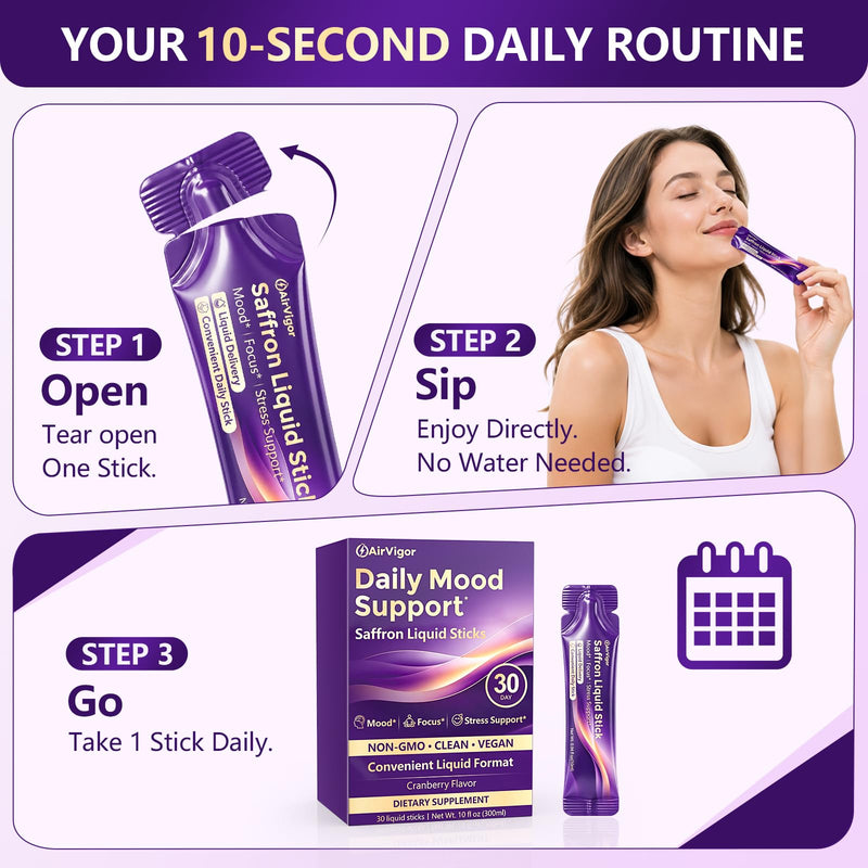 Saffron Supplement, Liquid Saffron Extract for Mood Support | No Pills, Daily Liquid Stick Packs with L-Theanine, Magnesium & Vitamin B6 for Calm Focus, Stress Support, Non-GMO & Vegan