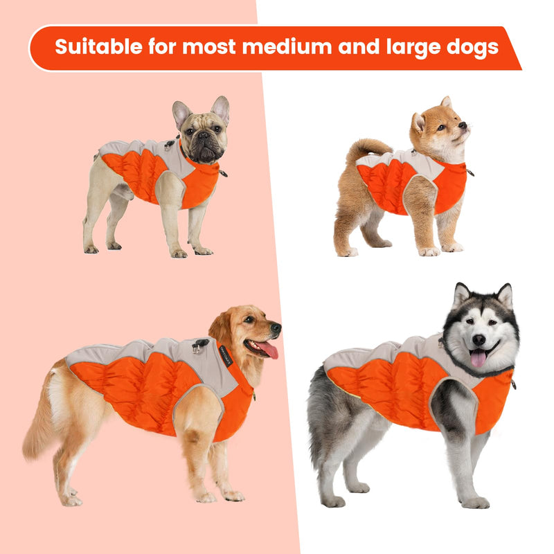 Dog Coat, Dog Jacket Upgraded Sturdy Built-in Harness, Elastic and Tightenable High Collar Dog Clothes, Anti Scratch Zipper and Highly Visible Reflective Dog Winter Coat for Small Medium Large Dogs Orange XX-Large(chest:26in) - BeesActive Australia