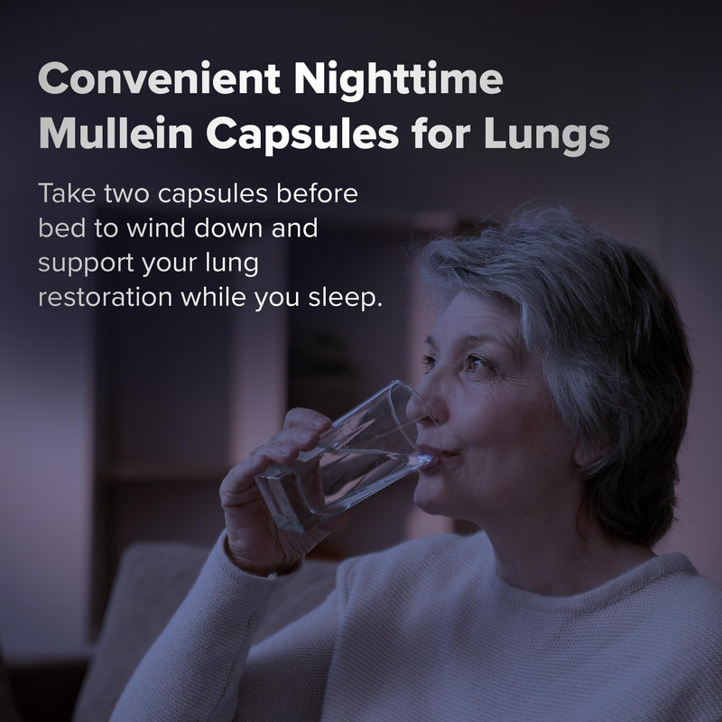 BREATHE PM, Nighttime 6-IN-1 Mullein Capsules For Lung Detox for Smokers (60 Caps - 30 Days) - L-Theanine, Thyme, & Mullein Leaf Extract For Lungs - Mucus Removal Supplement - GMO-Free & Made in USA