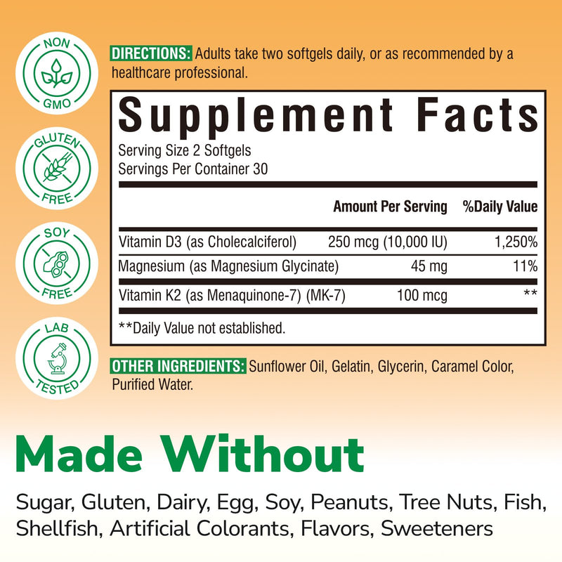 Vitalibre Vitamin D3 K2 10000 IU + Magnesium Glycinate, 60 Mini Softgels | High Absorption D3 K2 Vitamin 10000 IU for Bone, Teeth, Immune & Energy Support, Non-GMO, Easy to Swallow