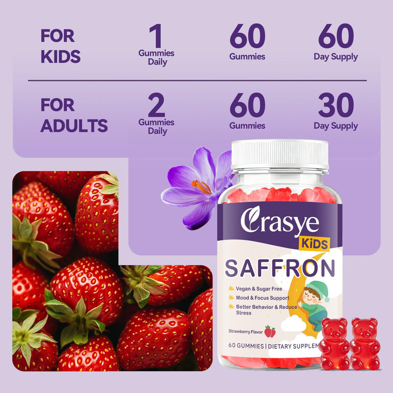 Saffron Gummies for Kids Support Calm Mood & Focus | 100% Pure Organic Saffron Extract Sugar Free Saffron Supplements Gummy for Children, Strawberry Flavor, 60 Gummies