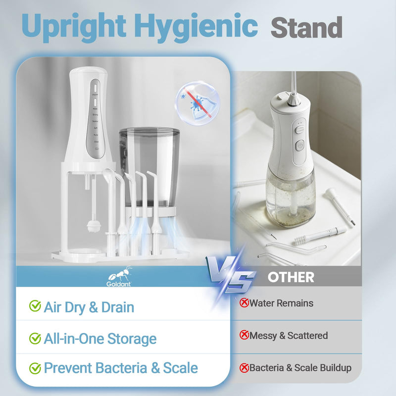 2026 New 350ML Water Flosser with Drainage & Storage Stand, Keeps Dry & Clean, 5 Modes, 360°Nozzle, Cordless Rechargeable, IPX7 Waterproof, Portable for Home & Travel (White) White - BeesActive Australia