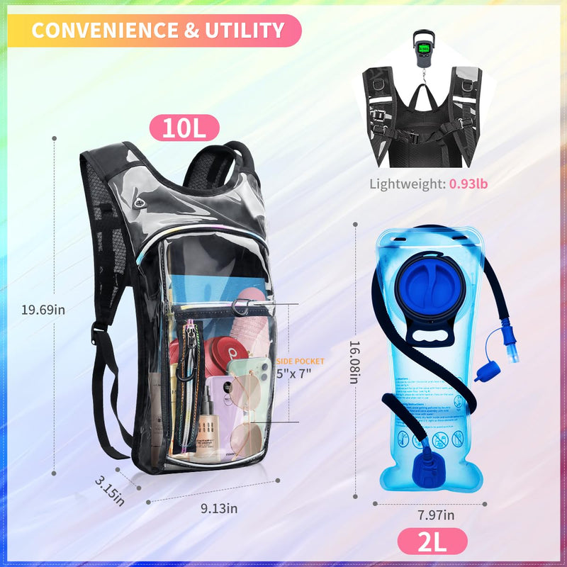Hydration Backpack, Water Backpack with 2L Hydration Bladder, Rave Backpack Hydration Pack, Festival Essential for Raves, Hiking, Cycling, Climbing, Running, Outdoor, Camping and More Clear