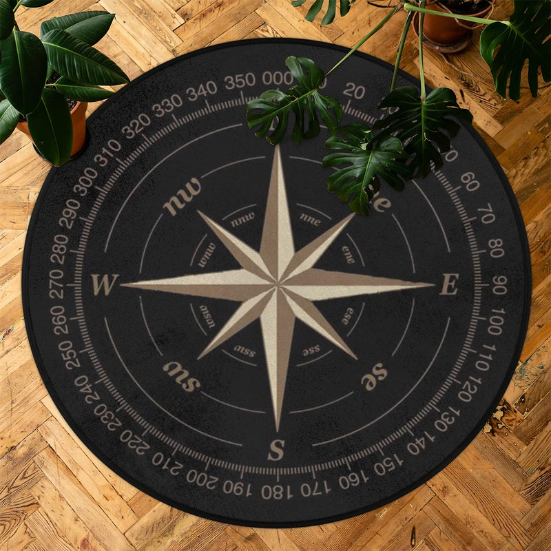 Compass Rose Round Area Rug 3Ft Artwork Black Non-Slip Circle Rugs Soft Washable Carpet Floor Mat for Bedroom Living Room Indoor Outdoor Nursery 3 ft Compass - BeesActive Australia