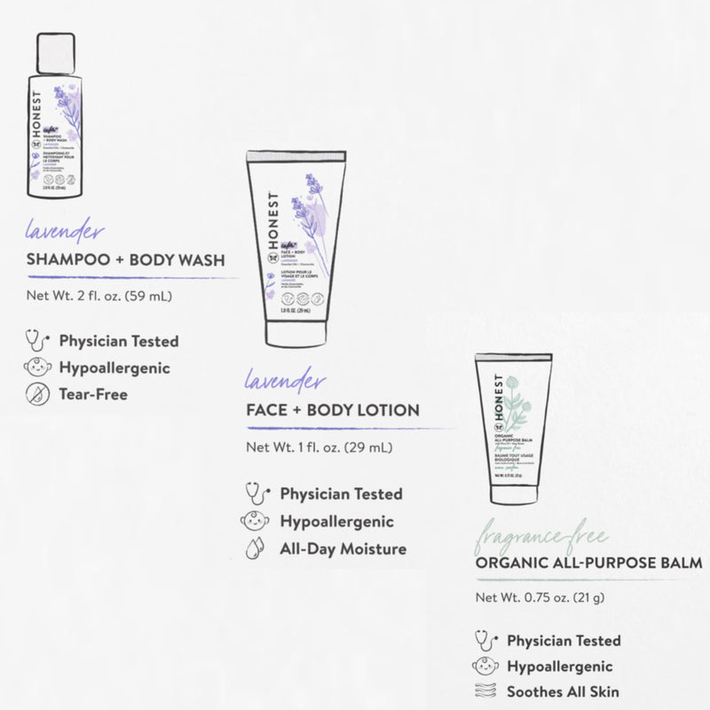 The Honest Company Babe's Mini Must Haves Gift Set | Travel Size Lavender Shampoo + Body Wash (2 fl oz), Face + Body Lotion (1 fl oz), Organic All Purpose Balm (.75 oz), Reusable Pouch - BeesActive Australia