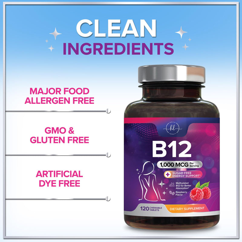Vitamin B12 1000 mcg per Serving Chewables - B12 Complex with Heart & Nerve Energy Health Support - Vitamin B-12 Complex with Immune Health Support - Fast Dissolve, Bottled in USA - 120 Chewables 120 Count (Pack of 1)