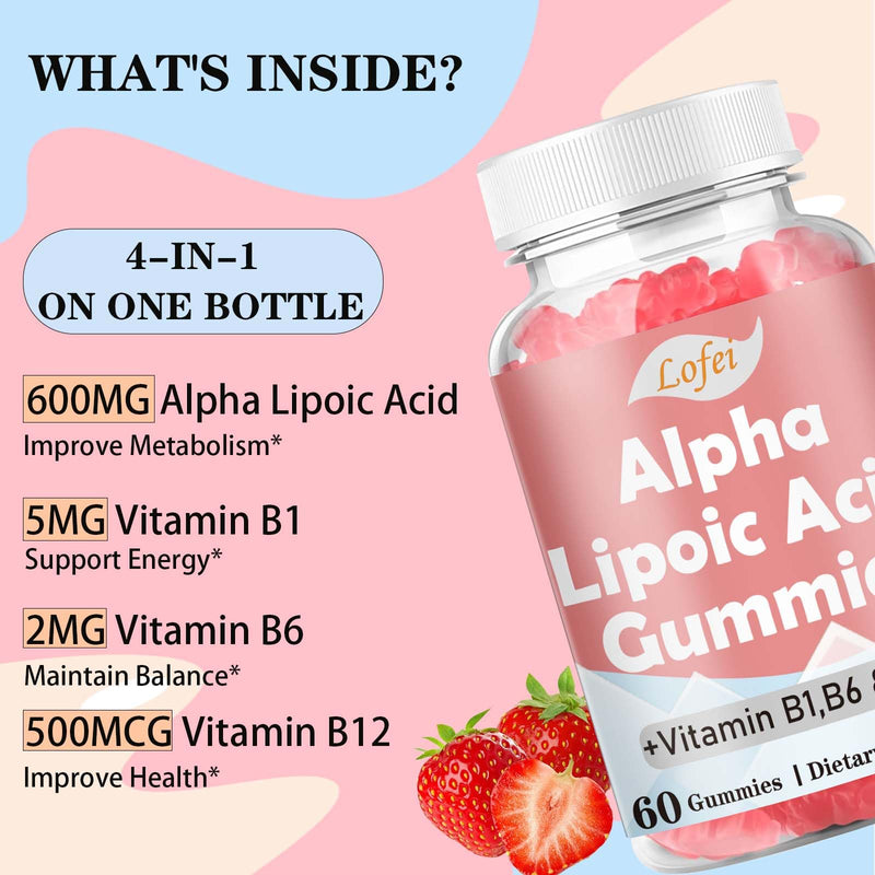 Lofei Alpha Lipoic Acid Gummies 600mg with Vitamin B1,B6 & B12,Sugar Free | ALA Supplement for Energy* & Vi*tality,High Absorption,Non-GMO, Vegan, Gluten-Free,Raspberry Flavor,60 Gummies
