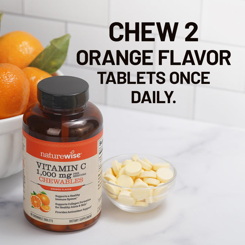 NatureWise Extra Strength Vitamin C Chewable 1000mg for Adults - Natural Orange Flavor - Immune System & Antioxidant Support - Non-GMO, Vegan & Sugar Free - 90 Chewable Tablets[45-Day Supply] 90 Count (Pack of 1)