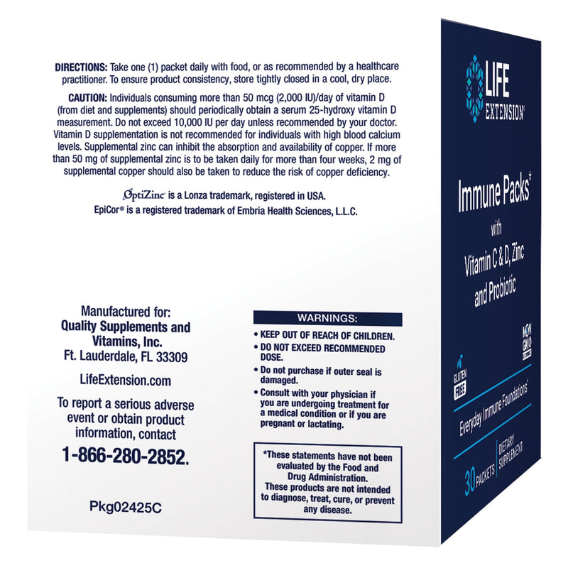 Life Extension - Immune Packs with Vitamin C & D, Zinc and Probiotic (30 Packs)
