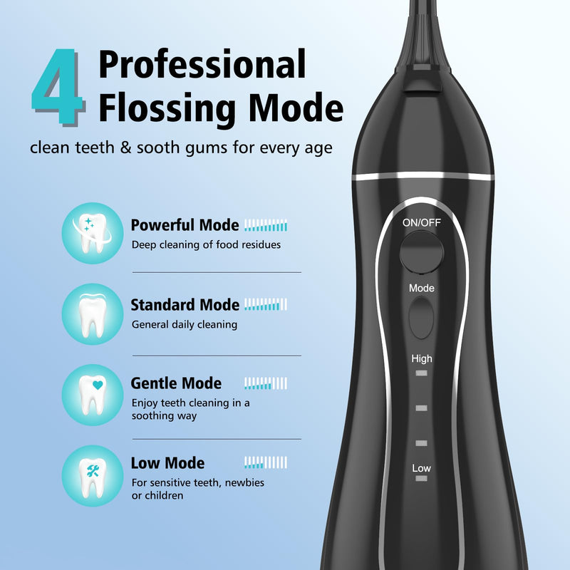Leominor Water Flosser Pick for Teeth, 300ML Portable Oral Irrigator Upgraded Tank Removable,IPX7 Waterproof, Rechargeable Travel Teeth Cleaner, Professional Electric Flossing Machine (Black) Black