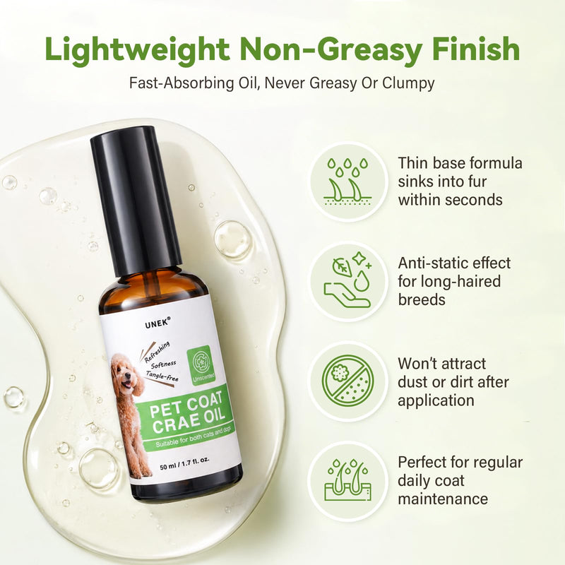 UNEK Unscented Pet Coat Oil for Dogs & Cats 50ml – Lightweight Leave-In Coat Conditioner with Olive, Coconut & Jojoba Oils – Helps Reduce Static, Smooth Frizz & Add Shine to Dry or Long Fur