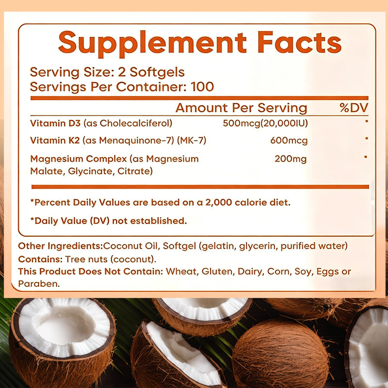 D3 K2 Vitamin 10000 IU, Extra Strength Wellness D3K2 with Triple Magnesium & Coconut Oil for Maximum Absorption, Support Bone & Immune Health, Non-GMO,Easy to Swallow, 200 Softgels 1pc
