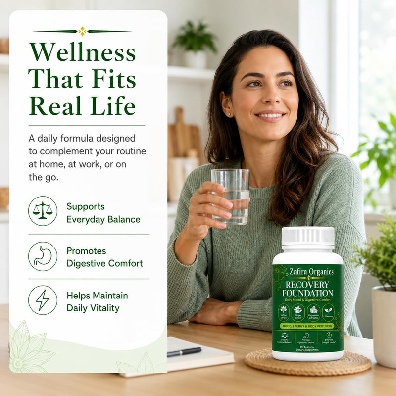 Recovery Foundation Supplement, Mood & Digestive Comfort Support with Saffron Extract, L-Theanine, Myo-Inositol, Magnesium, Ginger, Vitamin D3 & B12, Daily Energy, 60 Capsules