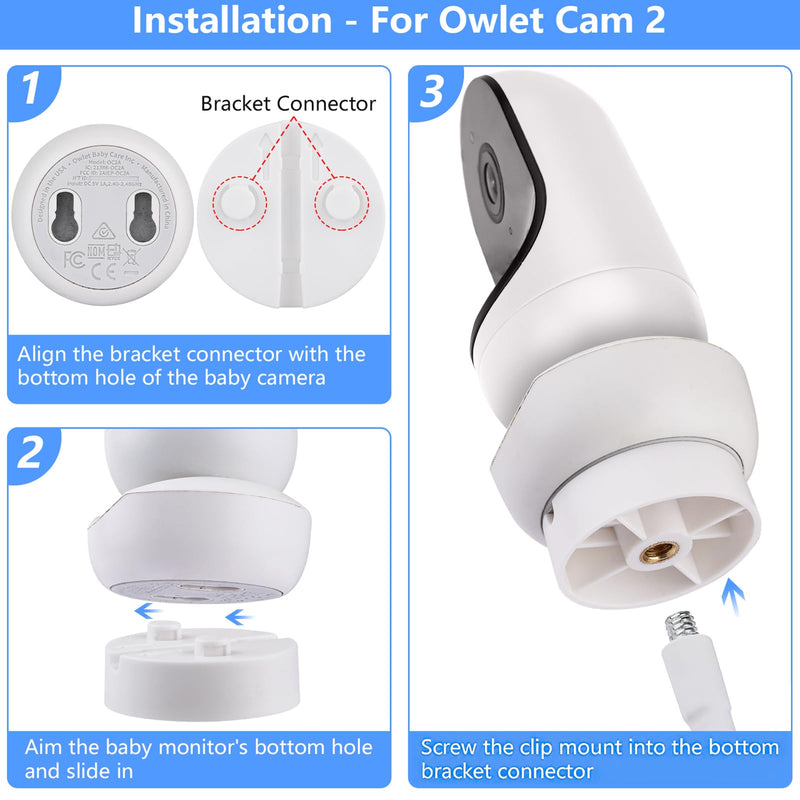 Flexible Clip Mount Compatible with Owlet, Motorola and Other Baby Monitor Camera with 1/4 Threaded Hole without Tools or Wall Damage - White - BeesActive Australia