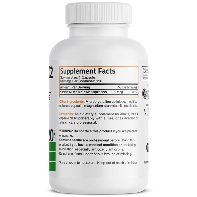 Bronson Vitamin K2 as MK-7 Menaquinone 100 mcg Non-GMO, 120 Capsules Unflavored 120 Count (Pack of 1) - BeesActive Australia