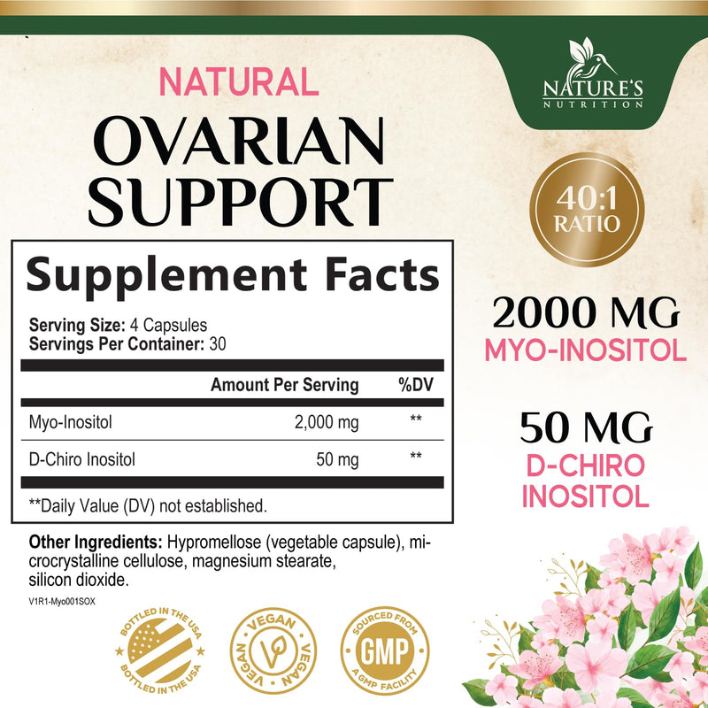 Myo-Inositol 2000mg Per Serving With D-Chiro - Optimal Ratio for Ovarian Support, Vegan Myo & D Chiro Supplement for Women's Natural Balance and Hormone Support, Vitamin B8, Non-GMO - 120 Capsules 120 Count (Pack of 1)