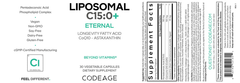 Codeage Liposomal C15:0, Pentadecanoic Acid, CoQ10, Astaxanthin, 30 ct | C15 fatty acid with CoQ10 & astaxanthin 10mg from algae. Liposomal delivery, non-GMO sunflower lecithin. Vegan. Non-GMO.