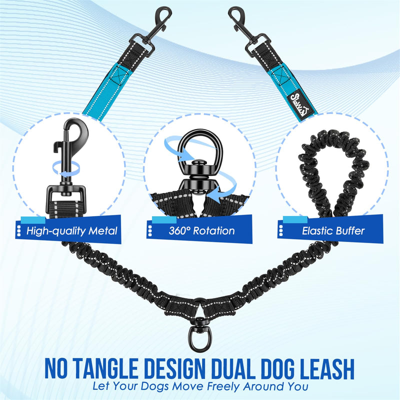 SlowTon Double Leash for Two Dogs - No Tangle Dog Leash 360° Swivel Reflective Double Dog Leash with Two Padded Handles, Shock Absorbing Walking Training for Small Medium Dogs (Blue, 8-35 lbs) 3 Handles (2 Dogs Total Weight 8-35lbs) Blue - BeesActive Australia