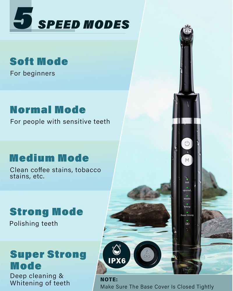 Tooth Polisher, Rechargeable Tooth Whitening Kit for Teeth Cleaning and Whitening, with 3 Tooth Polish Paste and 5 Brush Heads, LED Light, Easy to Use at-Home Personal Dental Care Kit Black - BeesActive Australia